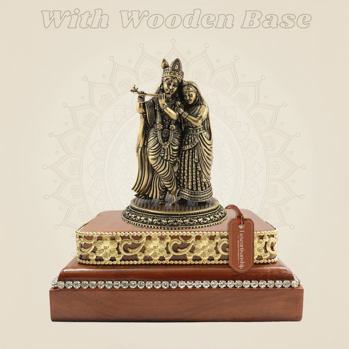 Brass Radha Krishna Idol on Wooden Base - Luxeartisanship
