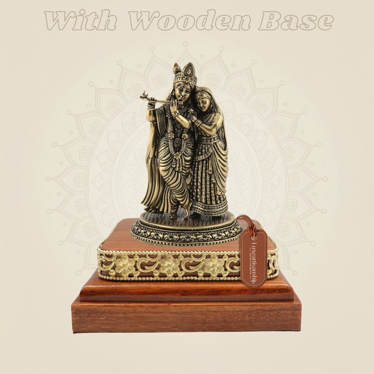 Brass Radha Krishna Murti on Wooden Base - Luxeartisanship