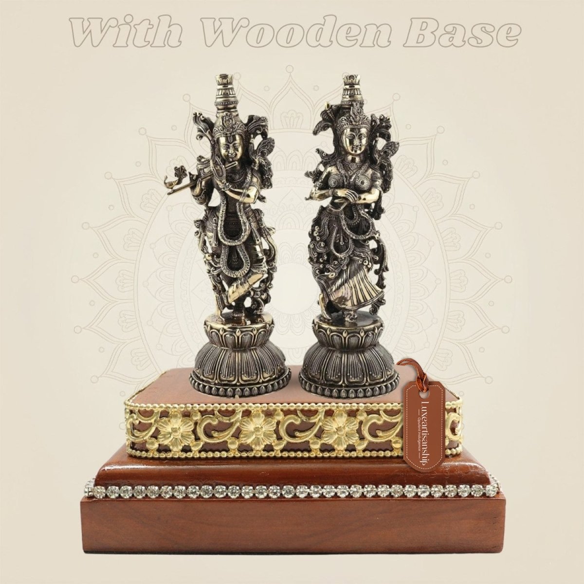 Brass Radha Krishna Murti 5.5" Duo on a Square Wooden Base Display - Luxeartisanship