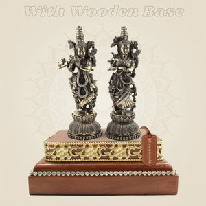 Brass Radha Krishna Murti 5.5" Duo on a Square Wooden Base Display - Luxeartisanship