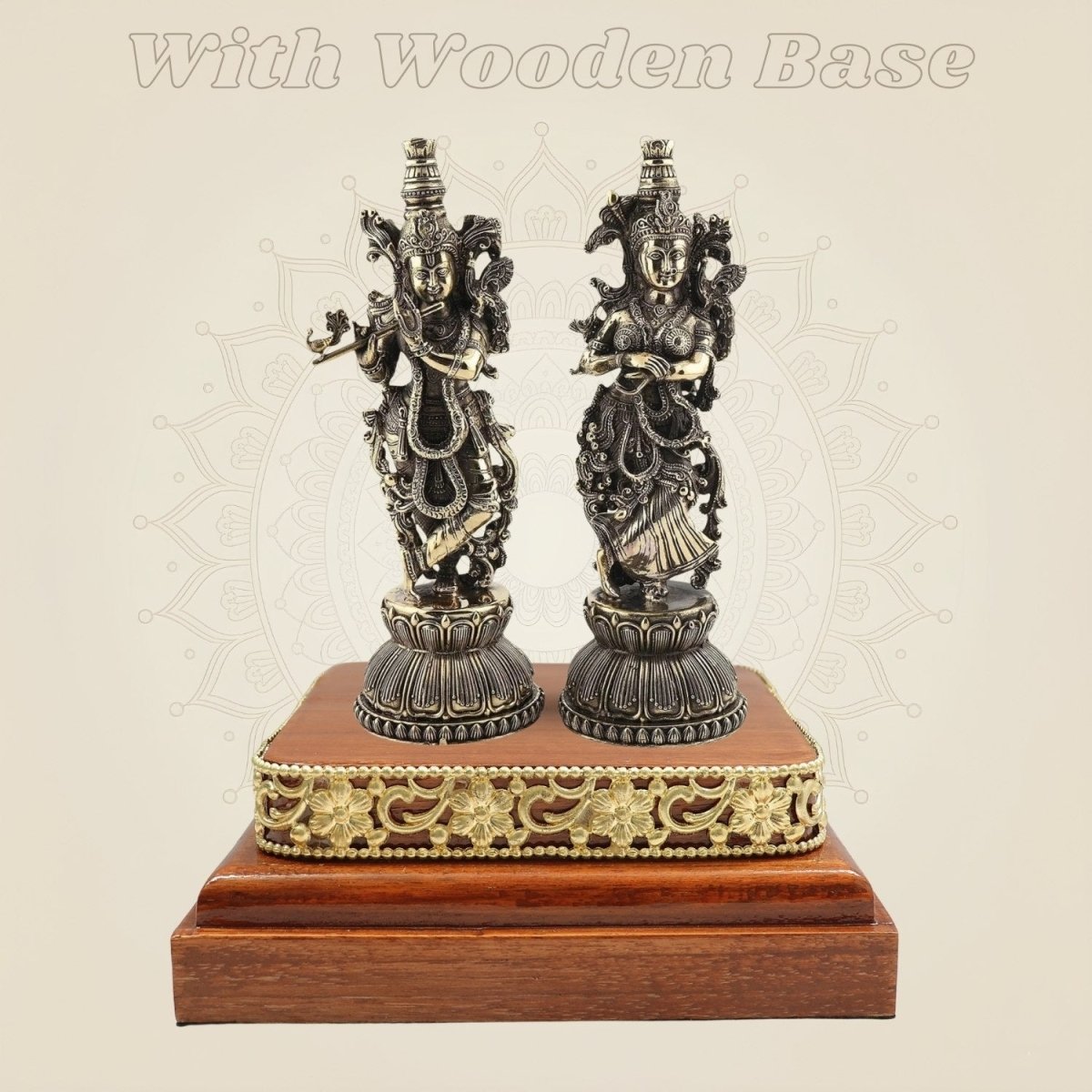 Brass Radha Krishna Murti 5.5" Duo on a Square Wooden Base Display - Luxeartisanship