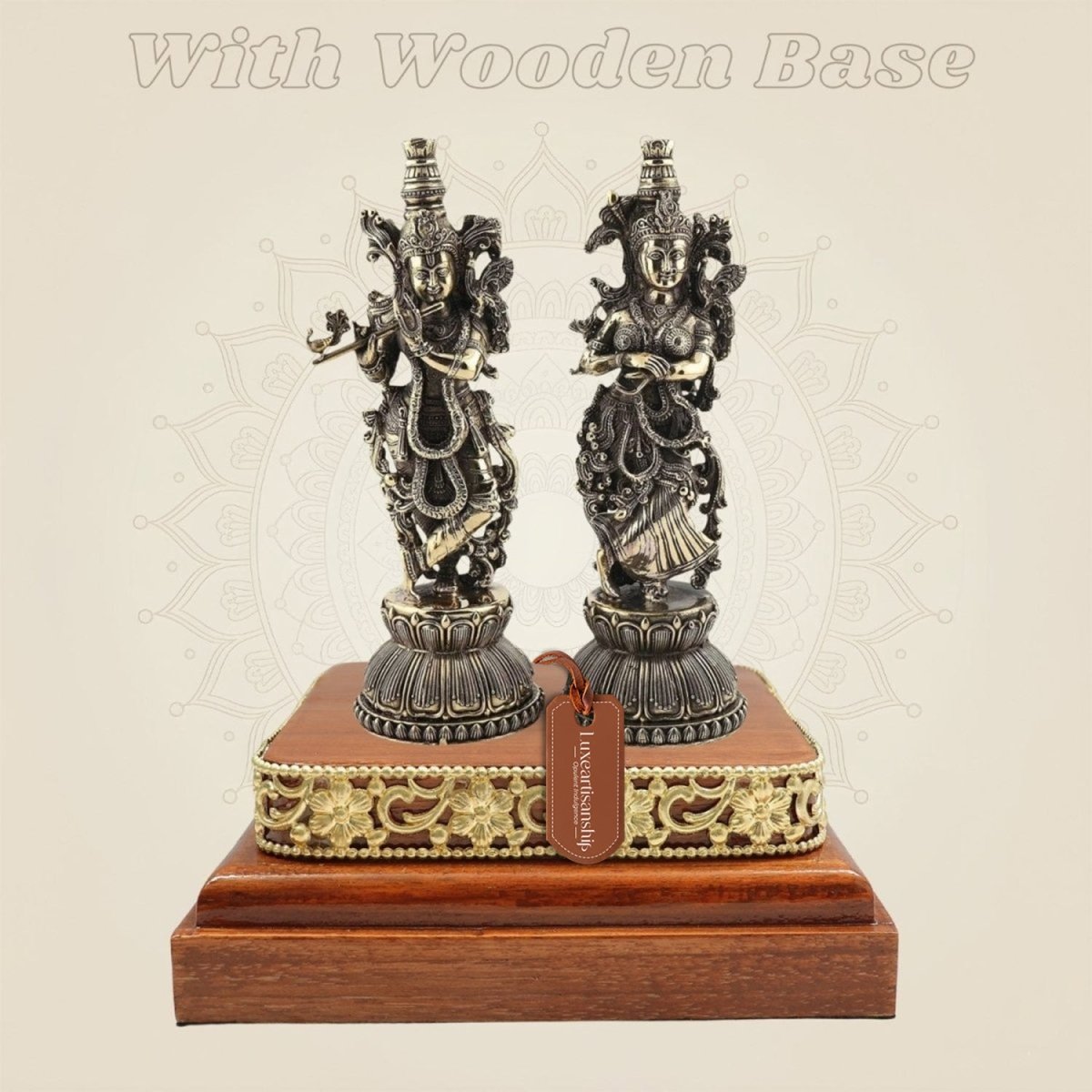 Brass Radha Krishna Murti 5.5" Duo on a Square Wooden Base Display - Luxeartisanship
