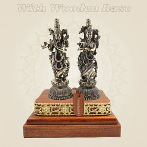 Brass Radha Krishna Murti 5.5" Duo on a Square Wooden Base Display - Luxeartisanship