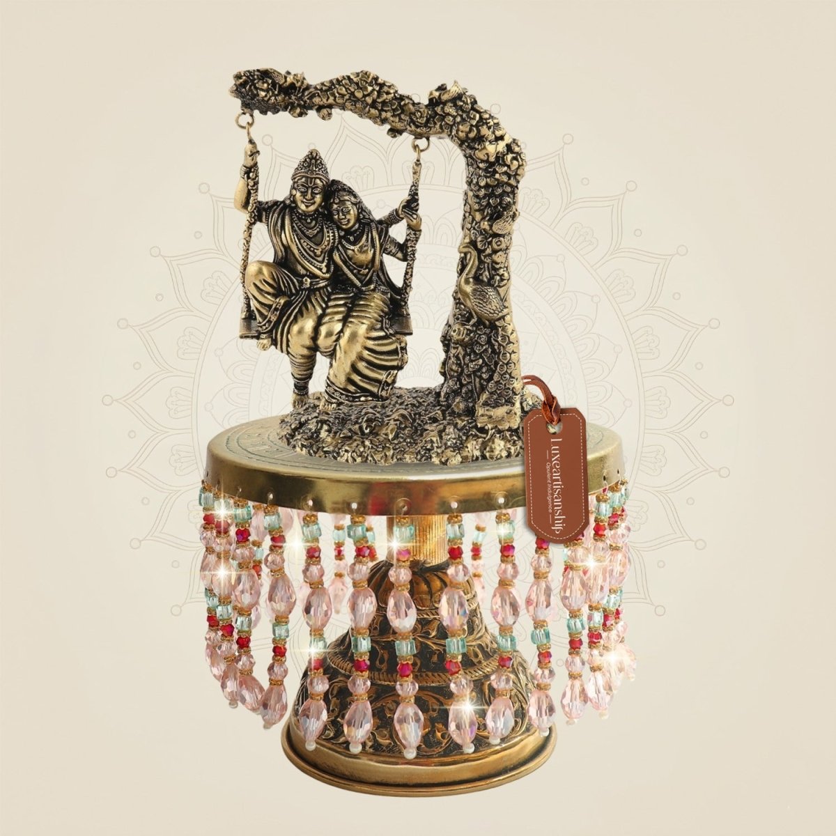 Brass Radha Krishna on Swing Sculpture on Chowki 8"– Display Piece - Luxeartisanship