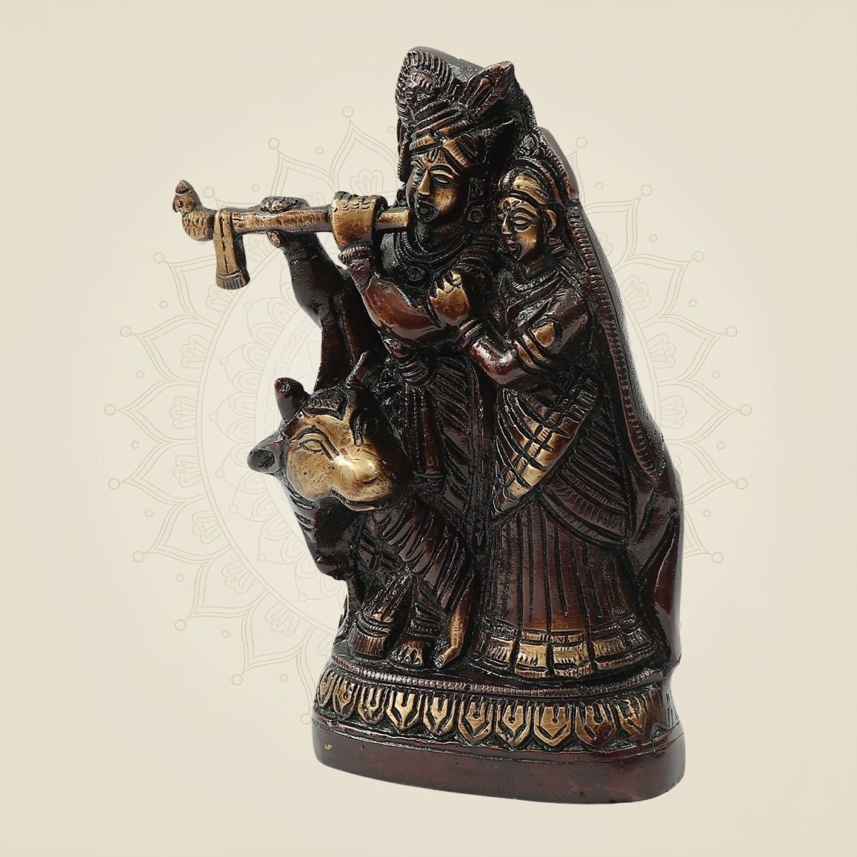 Brass Radha Krishna with Cow Idol for Puja