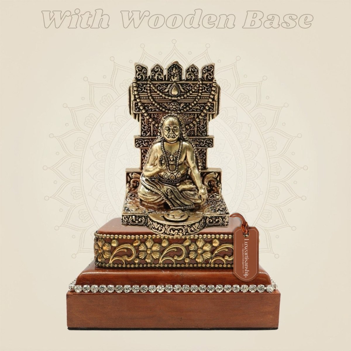 Brass Raghavendra Swamy Idol 4″ on Square Wood Base - Luxeartisanship