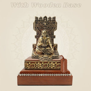 Brass Raghavendra Swamy Idol 4″ on Square Wood Base - Luxeartisanship