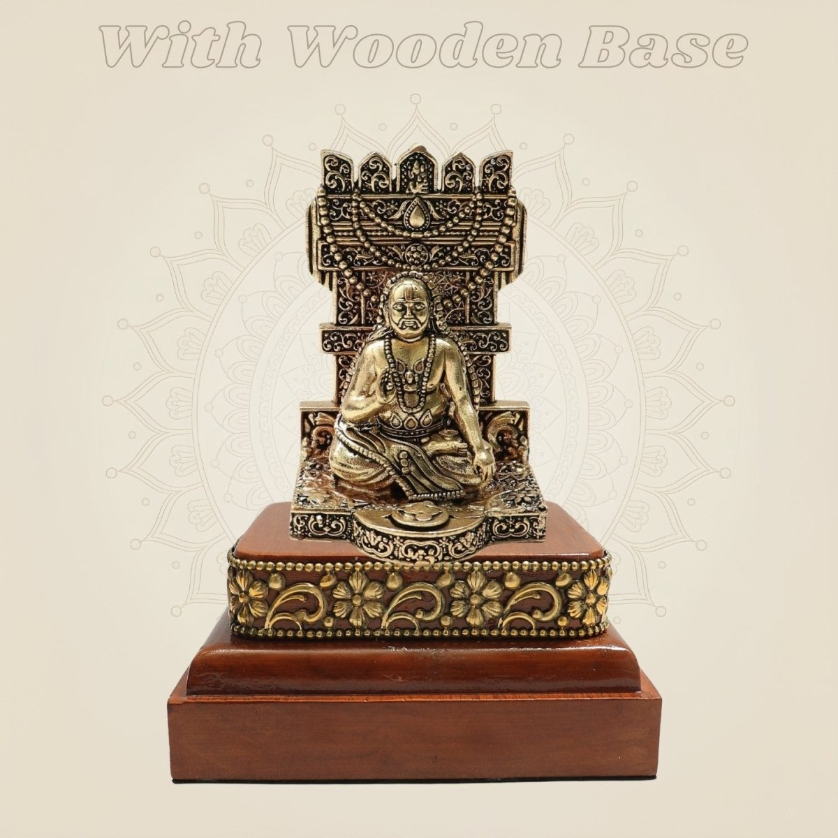 Brass Raghavendra Swamy Idol 4″ on Square Wood Base - Luxeartisanship