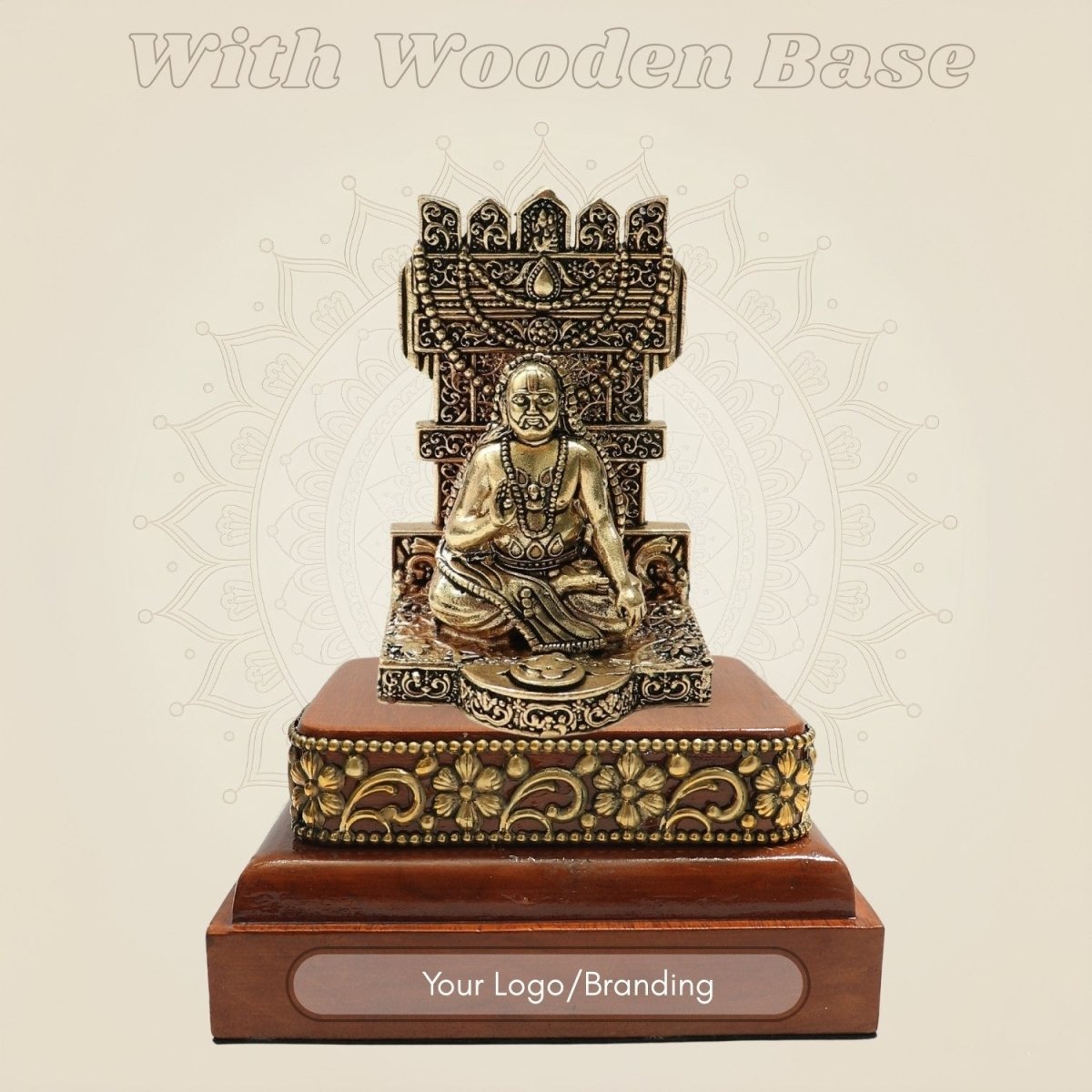 Brass Raghavendra Swamy Idol 4″ on Square Wood Base - Luxeartisanship