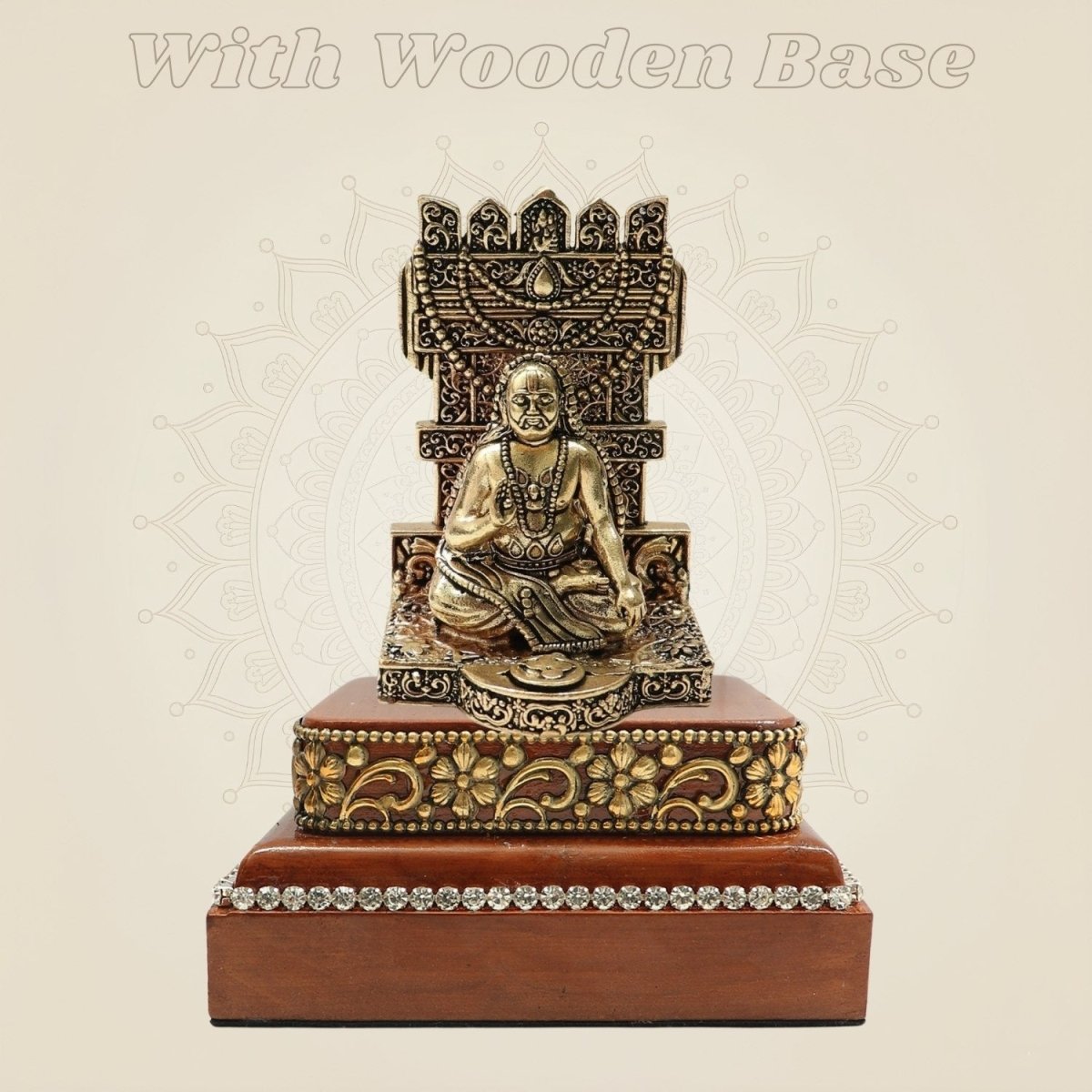 Brass Raghavendra Swamy Idol 4″ on Square Wood Base - Luxeartisanship