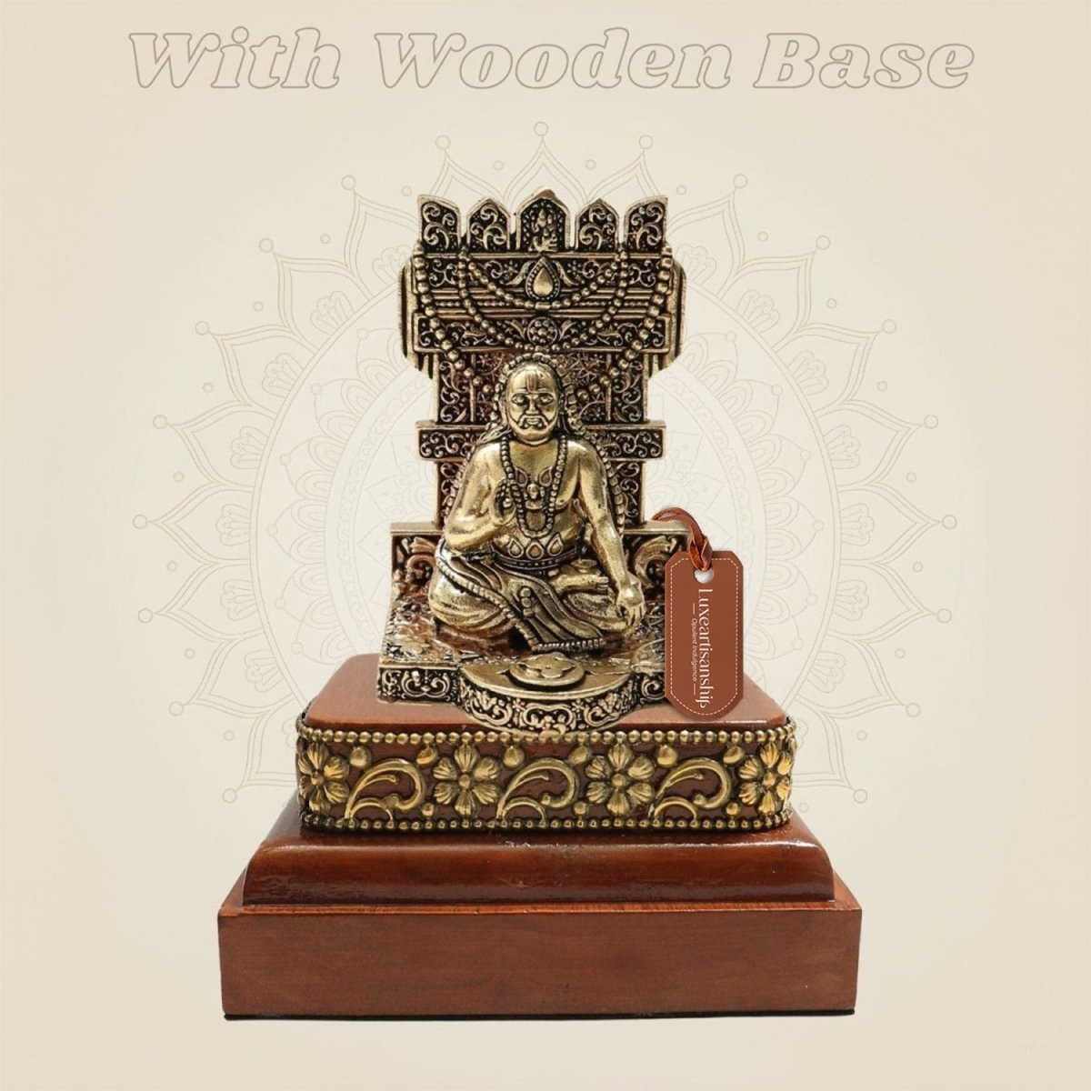 Brass Raghavendra Swamy Idol 4″ on Square Wood Base - Luxeartisanship