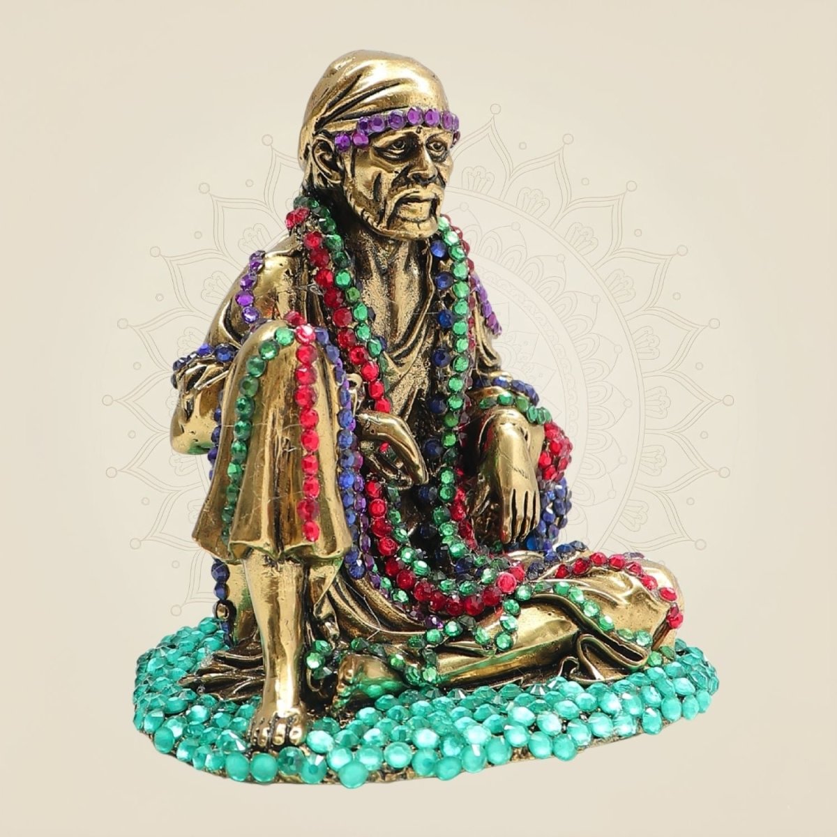 Brass Sai Baba Seated Statue 4" with Vibrant Jewellery Stone Detailing - Luxeartisanship