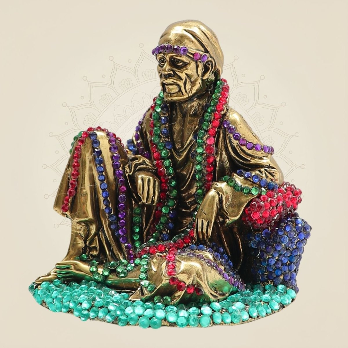 Brass Sai Baba Seated Statue 4" with Vibrant Jewellery Stone Detailing - Luxeartisanship