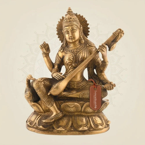 Brass Saraswati Idol with Veena 9″ – Superfine Handcrafted Goddess Statue