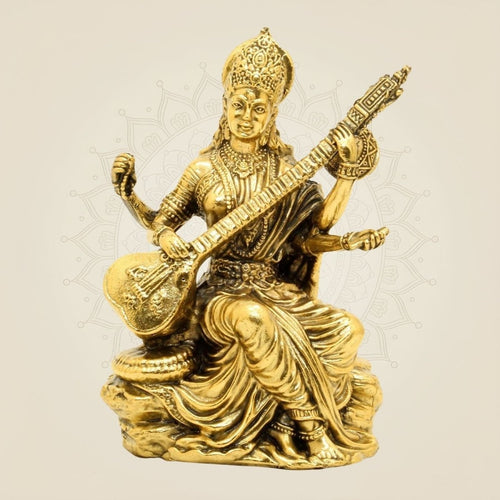 Brass Saraswati Maa Idol 5" – Handcrafted Maa Saraswati Murti for Temple
