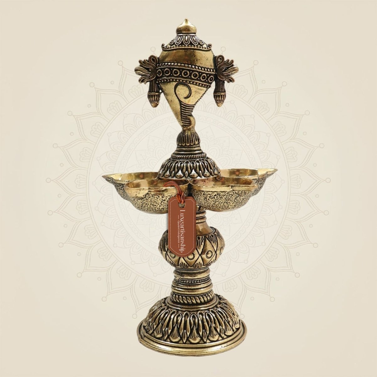 Brass Shankh Chakra Diya with 5 Deepak – Sacred Light for Divine - Luxeartisanship
