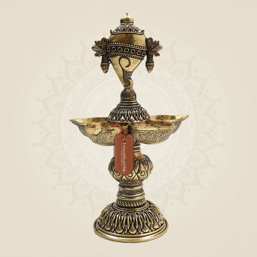 Brass Shankh Chakra Diya with 5 Deepak – Sacred Light for Divine