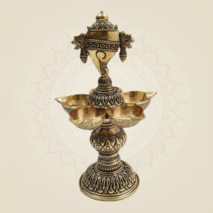 Brass Shankh Chakra Diya with 5 Deepak – Sacred Light for Divine - Luxeartisanship