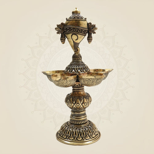 Brass Shankh Chakra Diya with 5 Deepak – Sacred Light for Divine