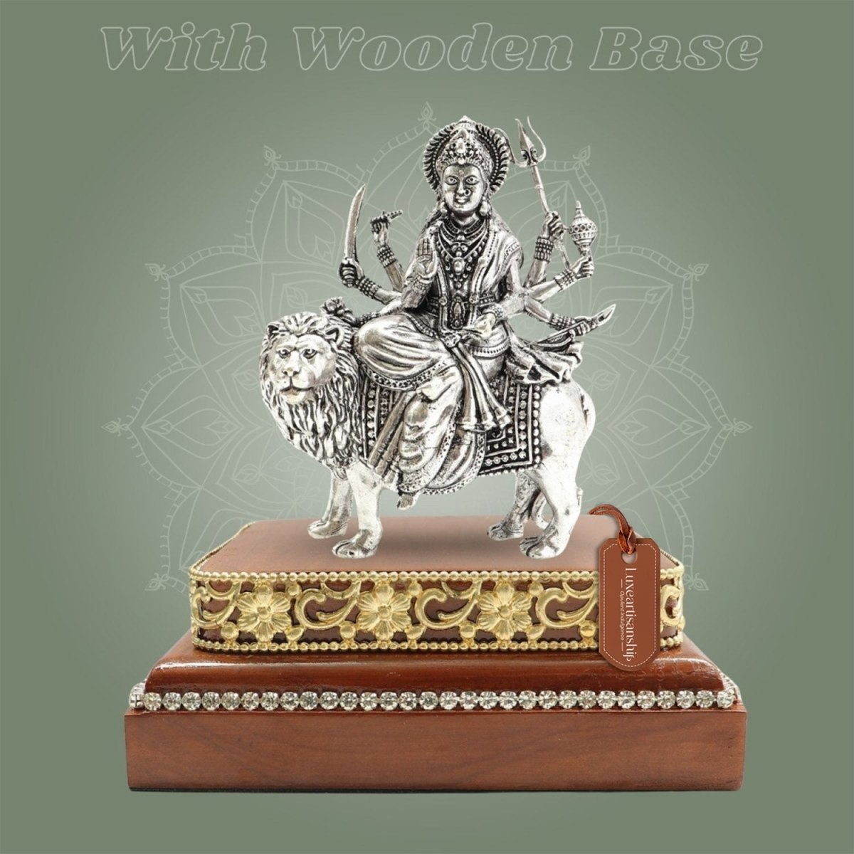 Silver Plated Brass Sherawali Durga Maa Idol with Square Wooden Base