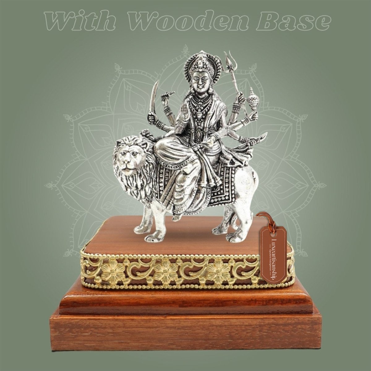 Silver Plated Brass Durga Maa Murti with Lion on Wooden Platform