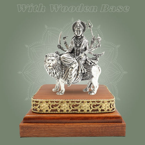 Brass Sherawali Durga Maa Idol Silver-Plated with Square Wooden Base