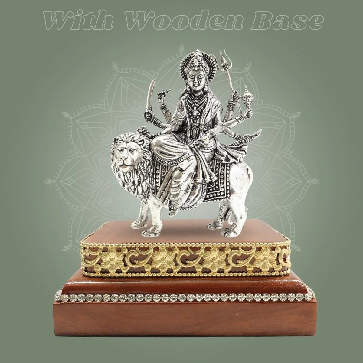 Brass Sherawali Durga Maa Idol Silver-Plated with Square Wooden Base - Luxeartisanship