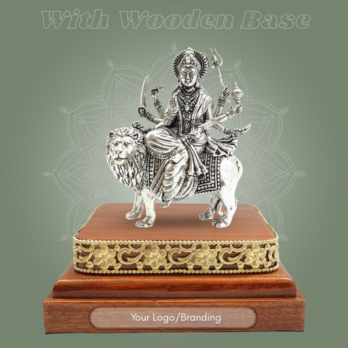 Brass Sherawali Durga Maa Idol Silver - Plated with Square Wooden Base - Luxeartisanship