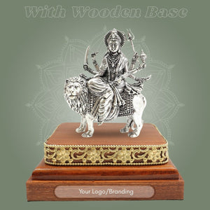 Brass Sherawali Durga Maa Idol Silver - Plated with Square Wooden Base - Luxeartisanship