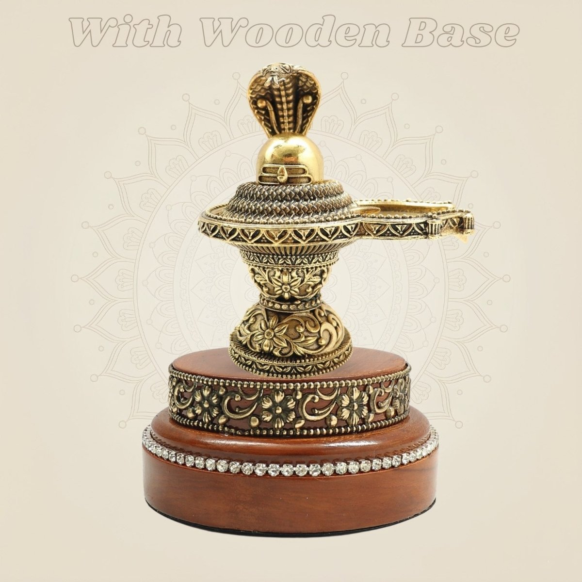Brass Shiva Lingam 5" Featuring Naag Canopy with Round Wooden Base - Luxeartisanship