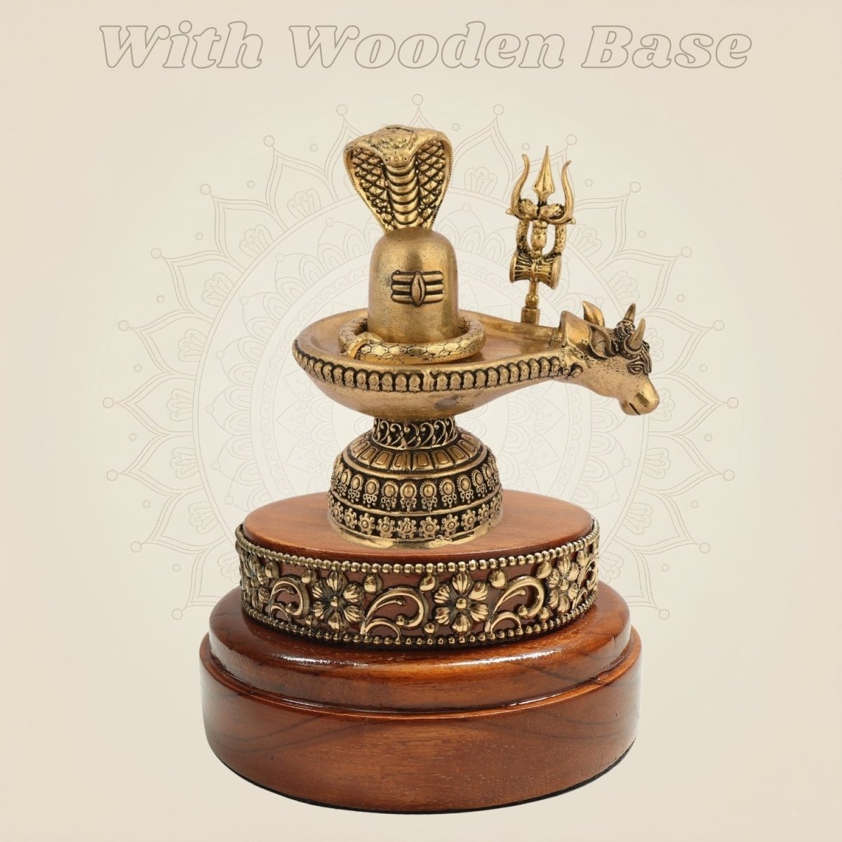 Brass Shiva Lingam Set with Nandi, Naag & Trishul 3.5″ Wooden Base - Luxeartisanship
