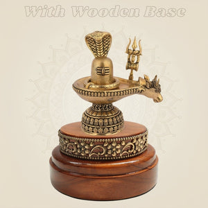 Brass Shiva Lingam Set with Nandi, Naag & Trishul 3.5″ Wooden Base - Luxeartisanship