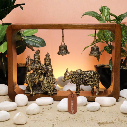 Brass Shiva Parivar Idol with Cow in Wooden Frame with Bells 8.25"