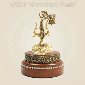 Brass Shiva Trishul 5" Featuring Damru and Om with Round Wooden Base - Luxeartisanship