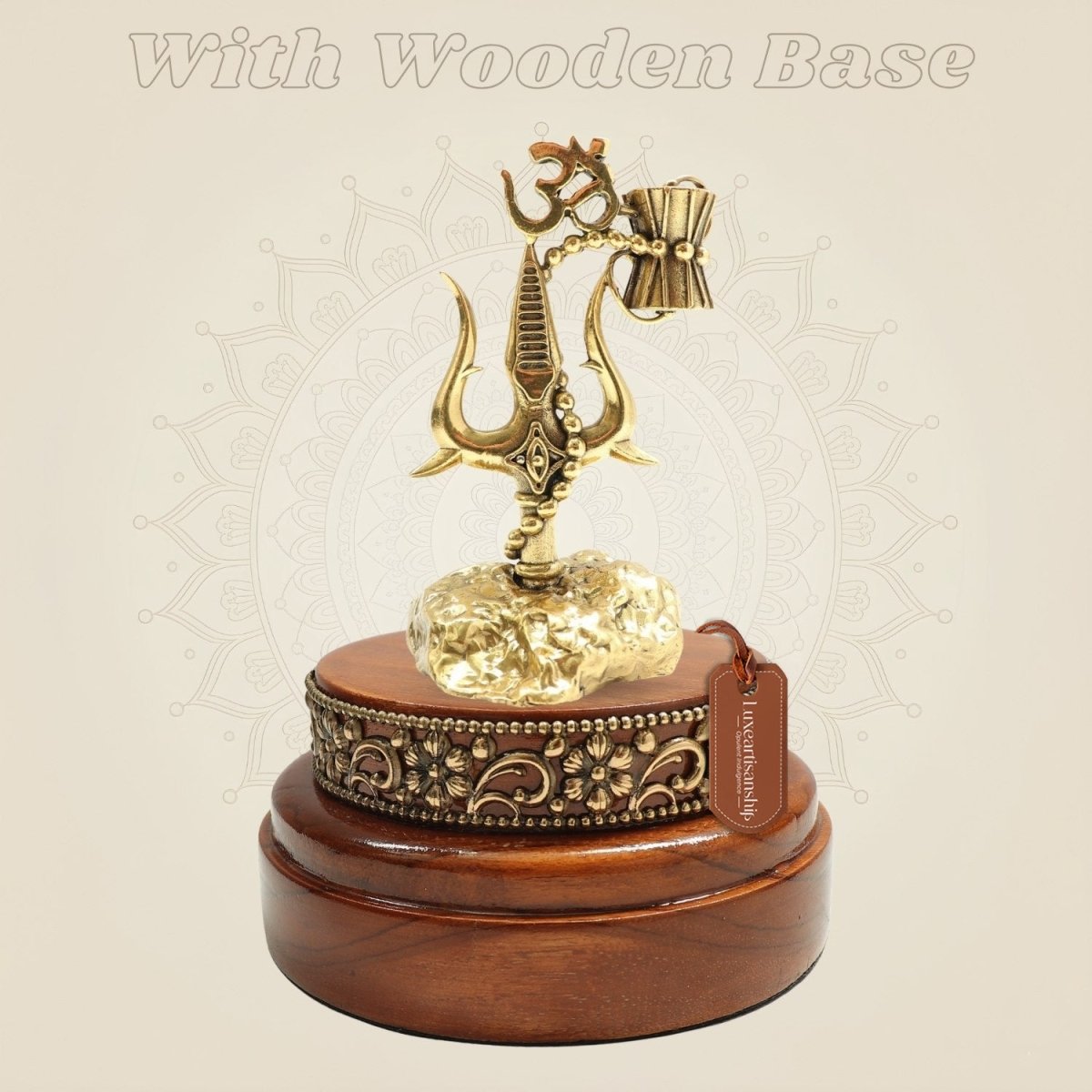 Brass Shiva Trishul 5" Featuring Damru and Om with Round Wooden Base - Luxeartisanship