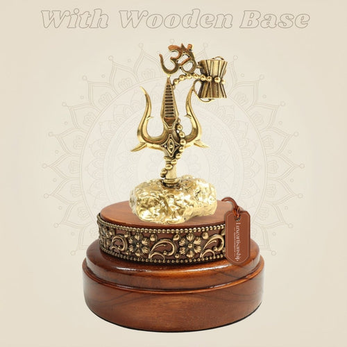 Brass Shiva Trishul 5" Featuring Damru and Om with Round Wooden Base
