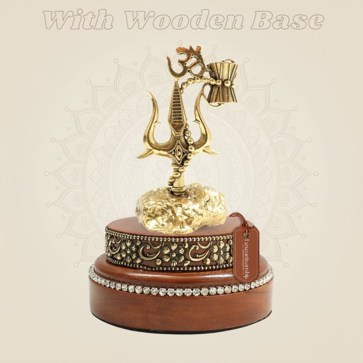 Brass Shiva Trishul 5" Featuring Damru and Om with Round Wooden Base - Luxeartisanship