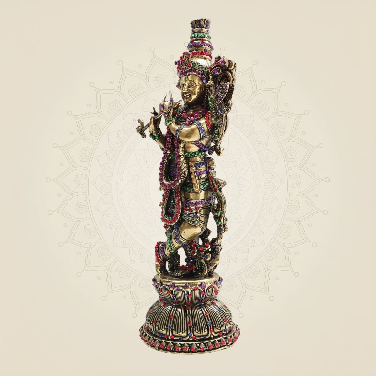 Brass South Indian Krishna Statue Playing Flute 10.75" with Rich Stone Work - Luxeartisanship