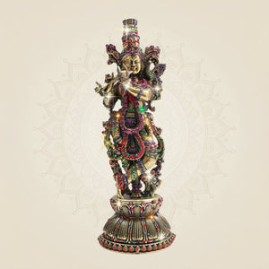 Brass South Indian Krishna Statue Playing Flute 10.75" with Rich Stone Work - Luxeartisanship
