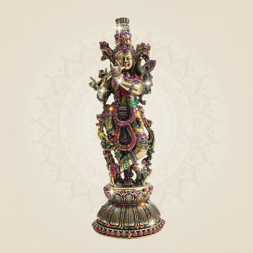 Brass South Indian Krishna Statue Playing Flute 10.75" with Rich Stone Work