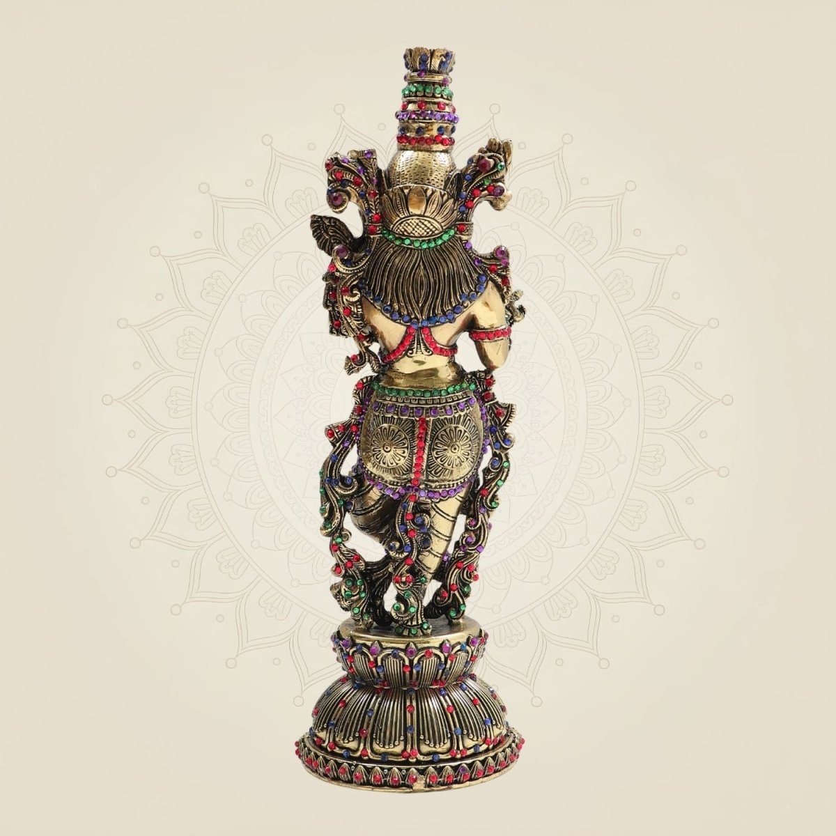 Brass South Indian Krishna Statue Playing Flute 10.75" with Rich Stone Work - Luxeartisanship