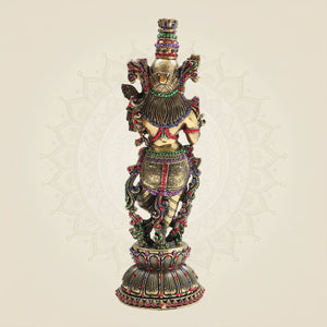 Brass South Indian Krishna Statue Playing Flute 10.75" with Rich Stone Work - Luxeartisanship