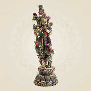 Brass South Indian Krishna Statue Playing Flute 10.75" with Rich Stone Work - Luxeartisanship