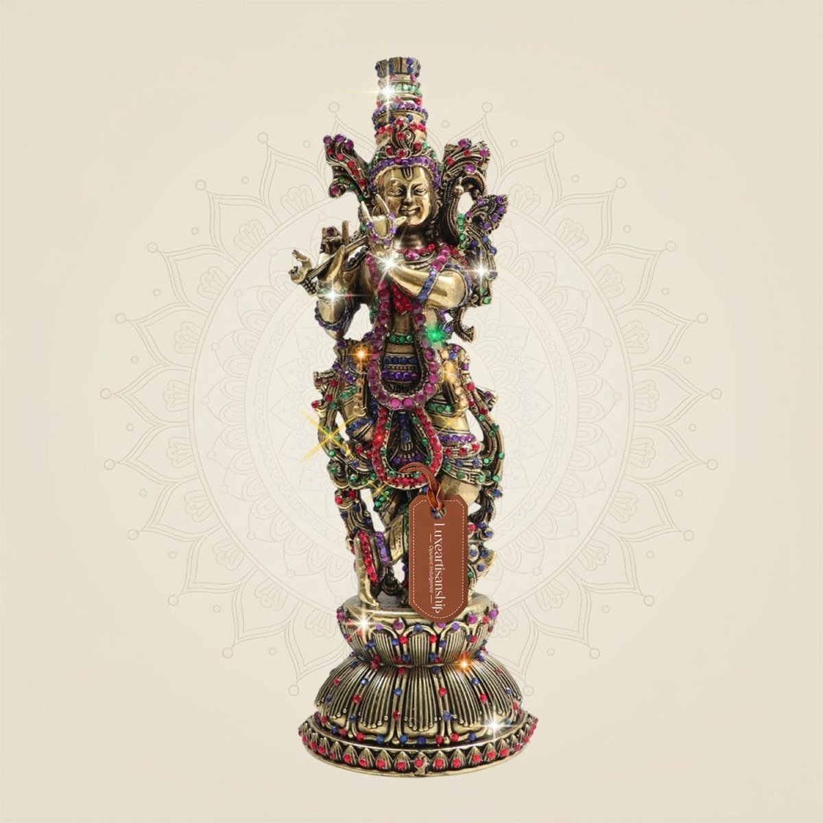 Brass South Indian Krishna Statue Playing Flute with Rich Stone Work
