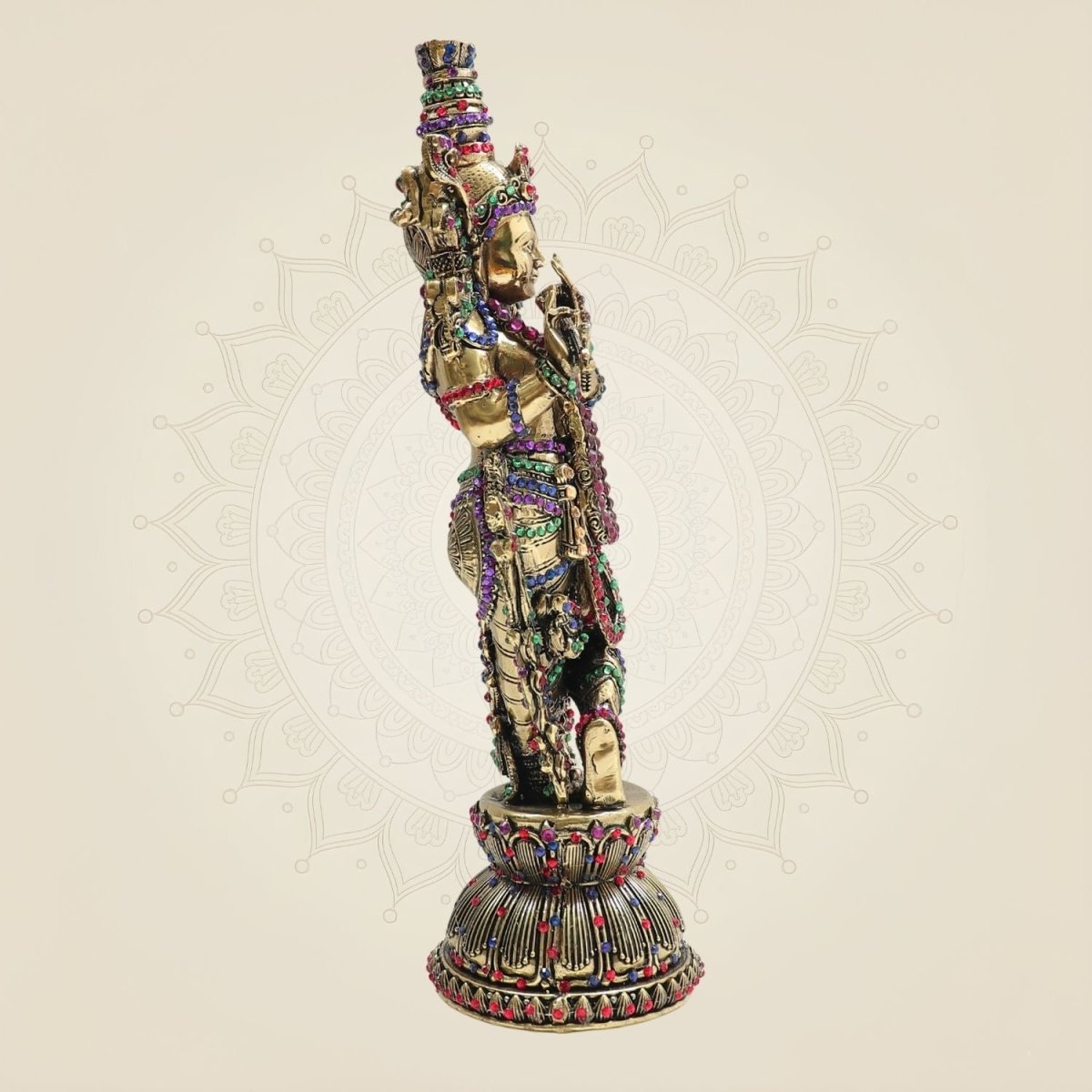 Brass South Indian Krishna Statue Playing Flute 10.75" with Rich Stone Work - Luxeartisanship