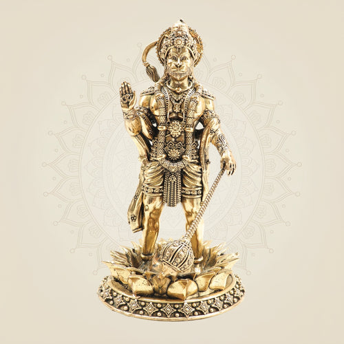 Brass Standing Hanuman Idol on Lotus – Superfine Finish Pooja Murti 8"