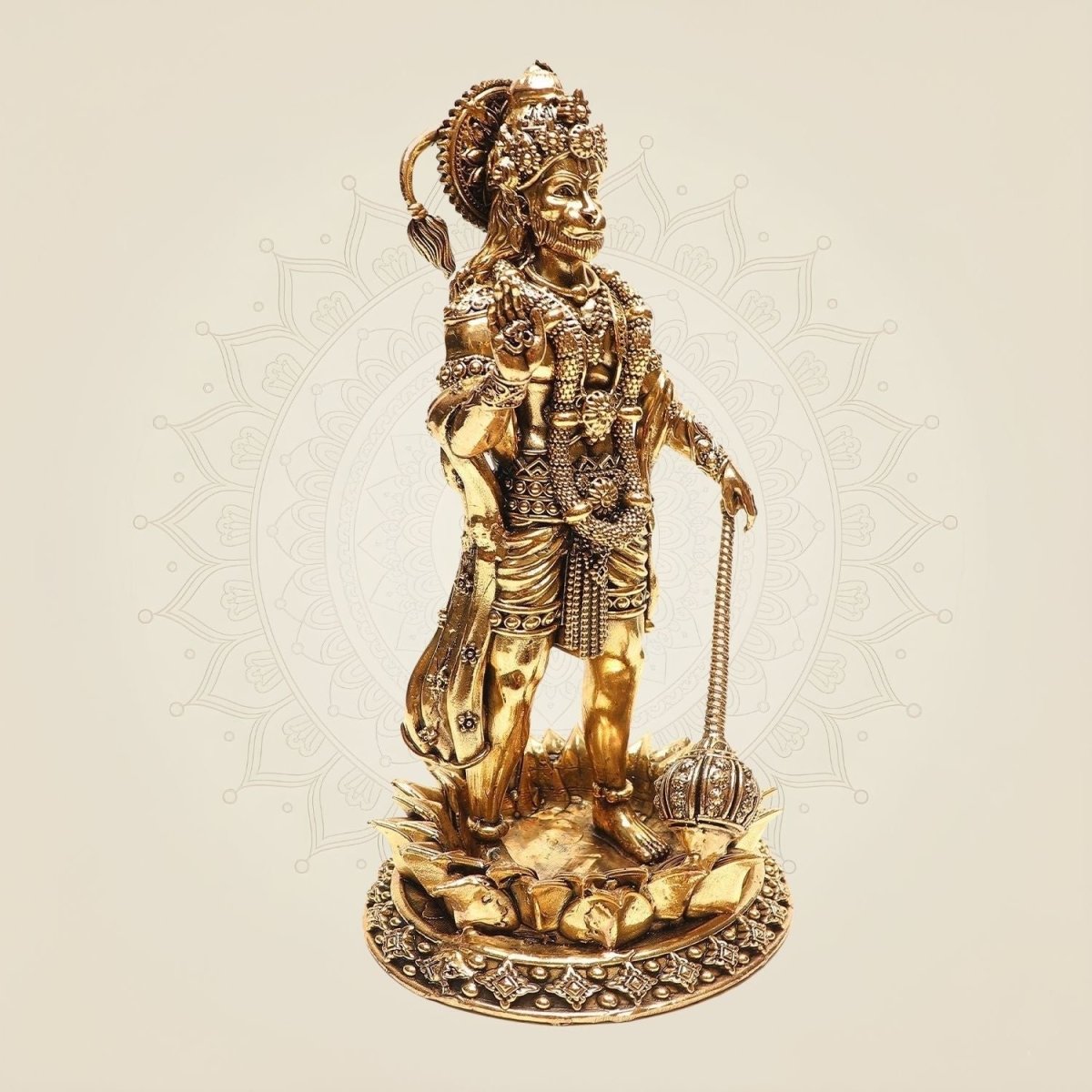 Brass Standing Hanuman Idol on Lotus – Superfine Finish Pooja Murti 8" - Luxeartisanship