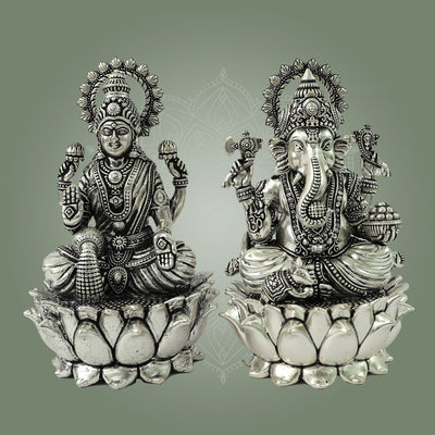 Brass Superfine Ganesha Lakshmi Silver Plated Idols Set – 6 Inch Height