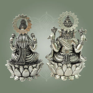 Brass Ganesha Lakshmi Statue - Silver Pleated