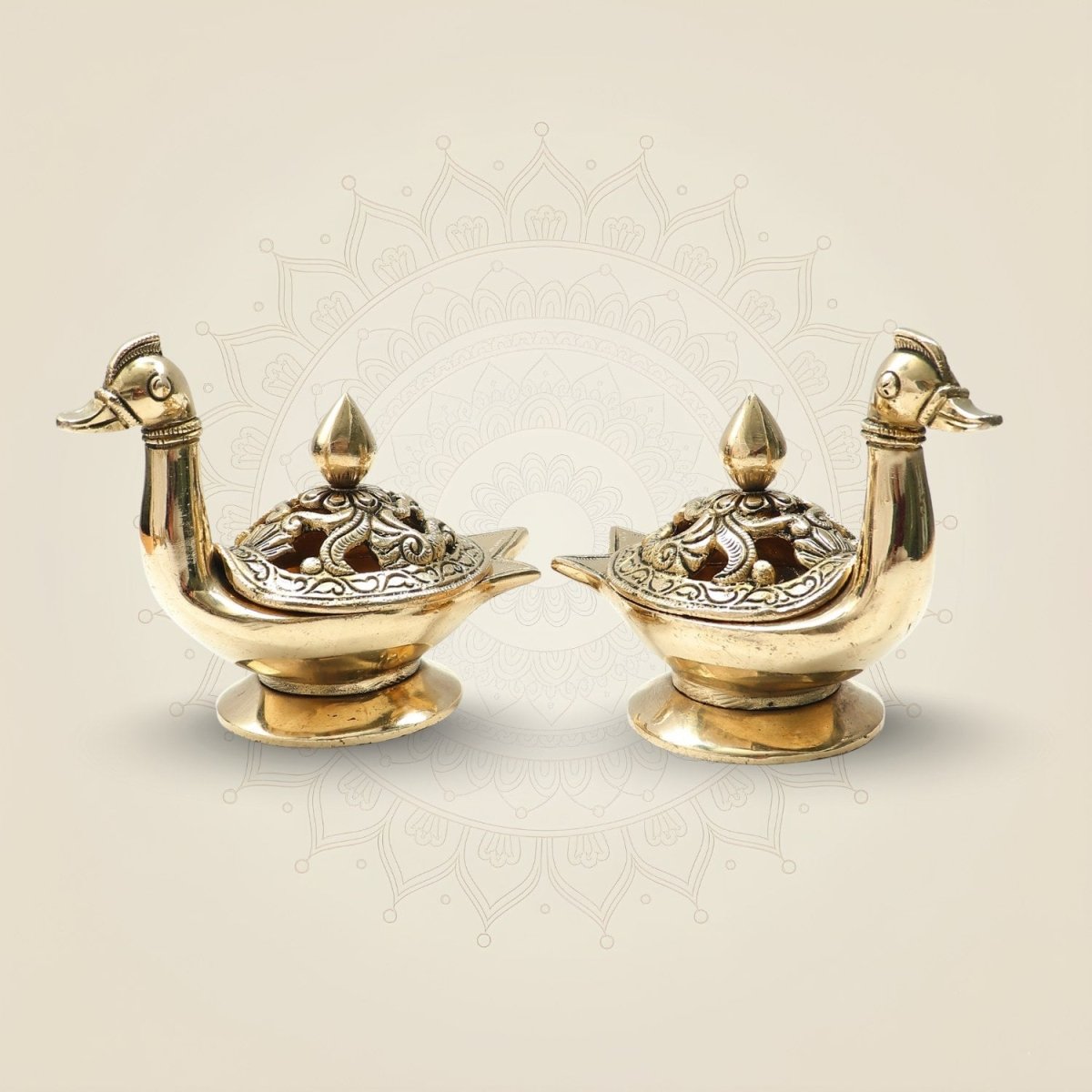 Brass Swan Dhoop Dani Stand Set of 2 – Gugal Burner for Pooja & Mandir Use - Luxeartisanship